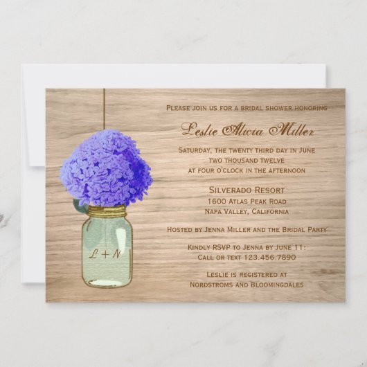 国の素朴なメーソンジャーのヤグルマギクの青のアジサイ 招待状 (正面)