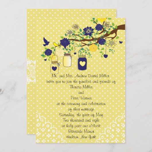 国の素朴なメーソンジャーの濃紺およびイエロー・ゴールド 招待状 (正面/裏面)