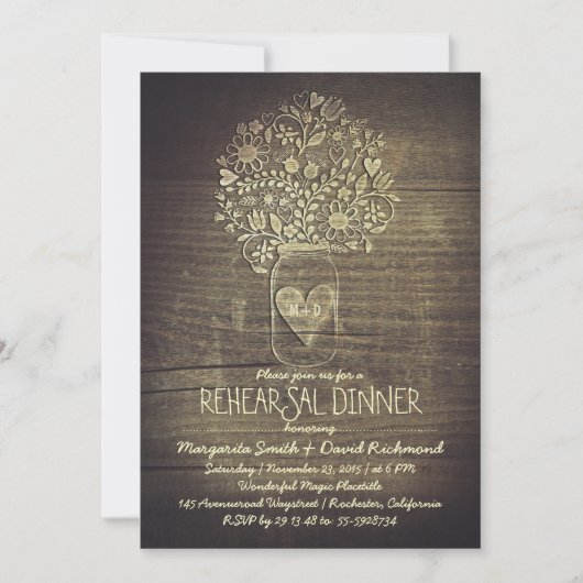 国の素朴なメーソンジャーの花のリハーサルの夕食 招待状 (正面)