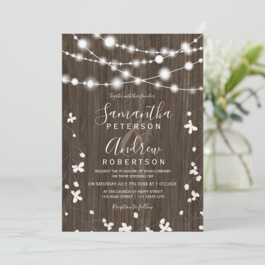 国の素朴な木製のひもは花の結婚式をつけます 招待状 (スタンド正面)