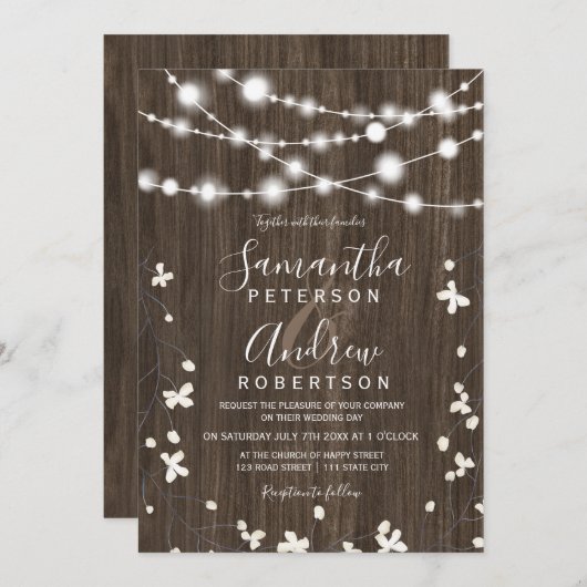 国の素朴な木製のひもは花の結婚式をつけます 招待状 (正面/裏面)