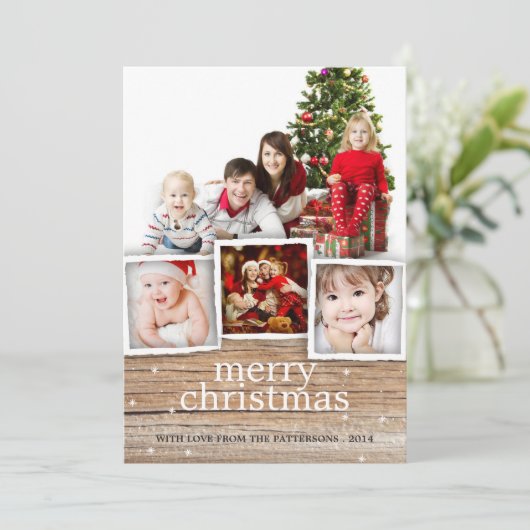 国の素朴な木製のメリークリスマスの写真カード シーズンカード (スタンド正面)