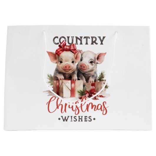 国の素朴クリスマスが待ち望む可愛い豚 ラージペーパーバッグ (正面)