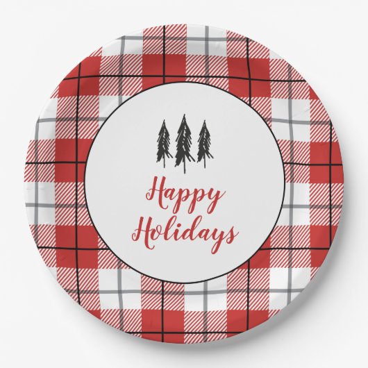 国の素朴ツリーのフラ赤と白ンネルパターン ペーパープレート (正面)