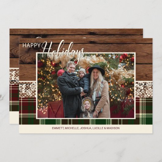 国の素朴プレイドクリスマスファミリーの写真 シーズンカード (正面/裏面)