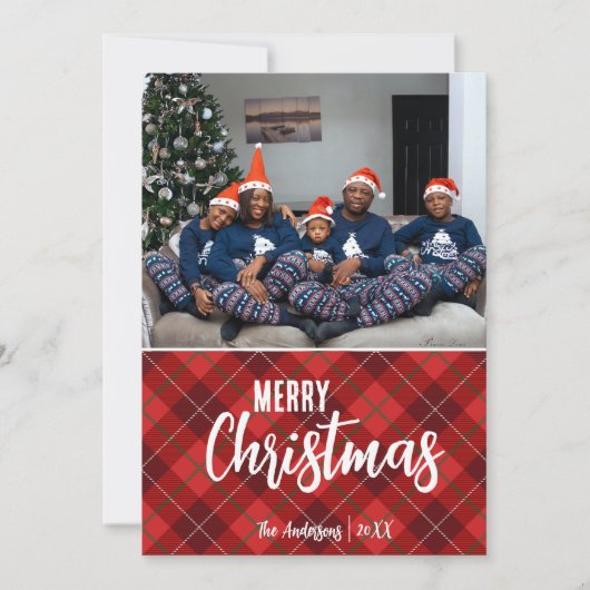 国の素朴プレイドメリークリスマス家族の写真 シーズンカード (正面)