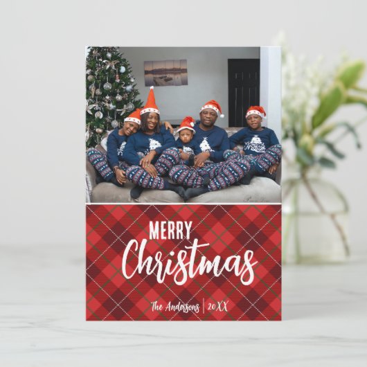 国の素朴プレイドメリークリスマス家族の写真 シーズンカード (スタンド正面)