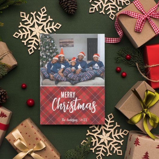 国の素朴プレイドメリークリスマス家族の写真 シーズンカード