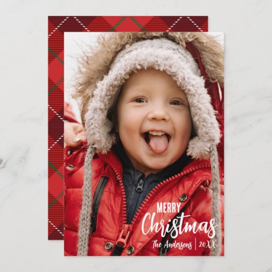 国の素朴プレイドメリークリスマス家族の写真 シーズンカード (正面/裏面)