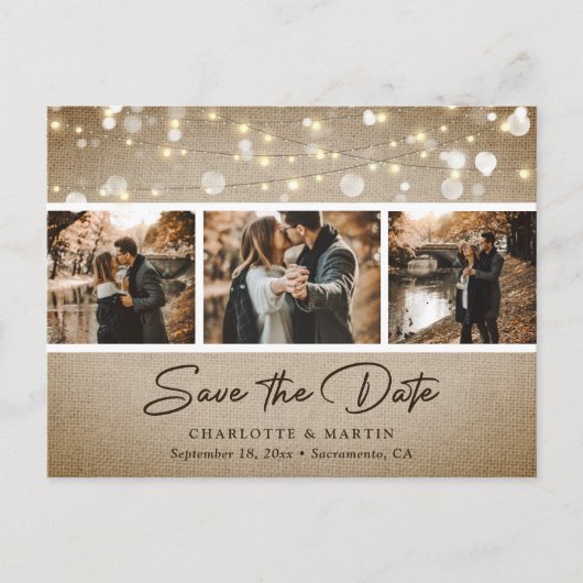 国の素朴ヴィンテージBurlap写真の日付を保存 案内ポストカード (正面)