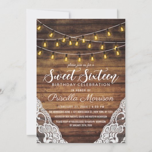 国の素朴文字列ライトウッドレース甘い16 招待状 (正面)