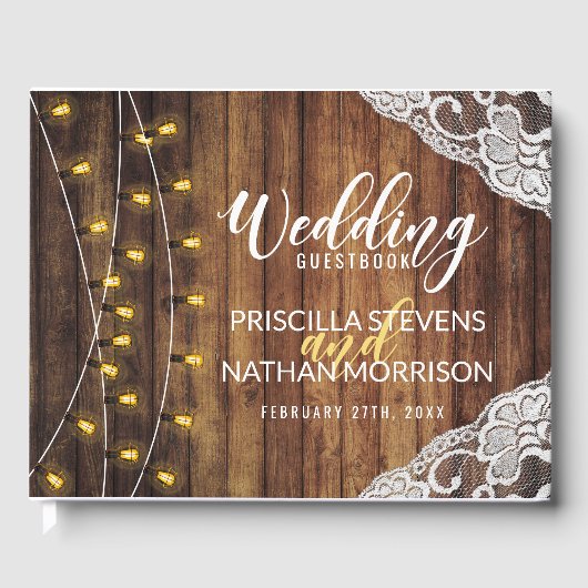 国の素朴文字列ライトウッドレース結婚の ゲストブック (正面)