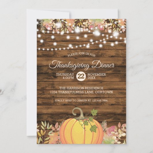 国の素朴文字列ライトカボチャ感謝祭 招待状 (正面)