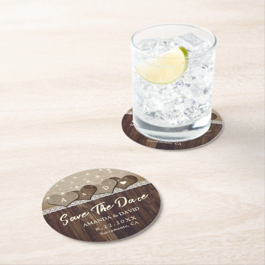 国の素朴木製結婚式の日付を保存 ラウンドペーパーコースター (インサイチュ)