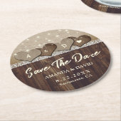 国の素朴木製結婚式の日付を保存 ラウンドペーパーコースター (アングル)