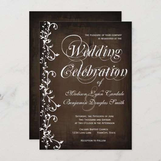 国の素朴渦巻き茶色の結婚式招待状 招待状 (正面/裏面)