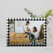 国の素朴白黒の格子模様の写真クリスマス 箔シーズンカード (立ち正面)