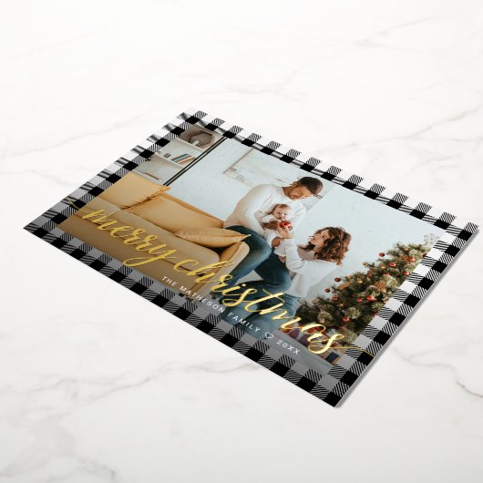 国の素朴白黒の格子模様の写真クリスマス 箔シーズンカード (回転した状態)