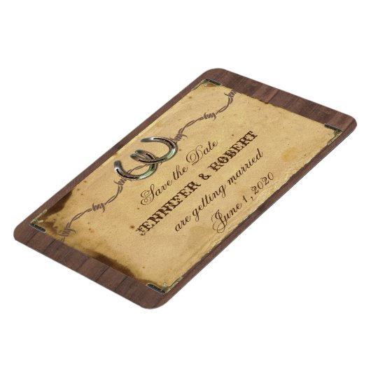 国の素朴馬蹄結婚式の日付を保存 マグネット (左側)