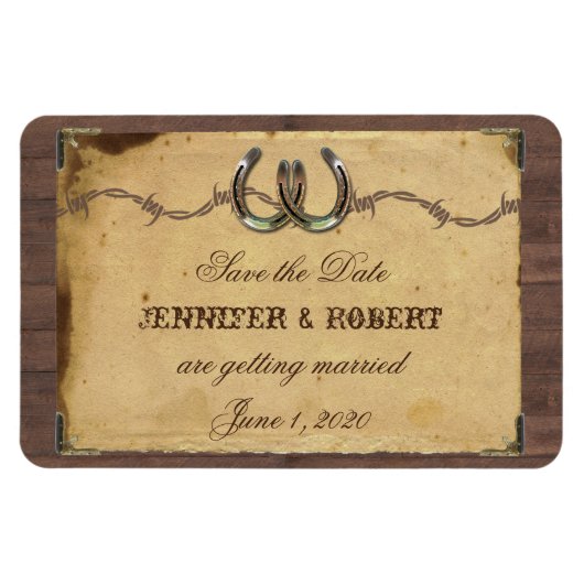 国の素朴馬蹄結婚式の日付を保存 マグネット (横)