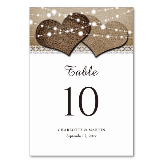 国の素朴Burlapとレースのテーブル番号カード テーブルナンバー (正面)