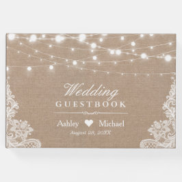 国の素朴Burlap文字列ライトレース結婚の ゲストブック