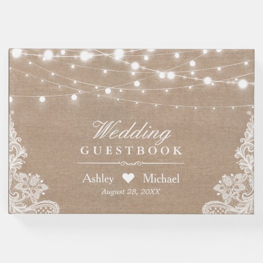 国の素朴Burlap文字列ライトレース結婚の ゲストブック (正面)
