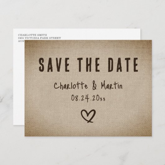 国の素朴Burlap結婚式の日付を保存 ポストカード (正面/裏面)
