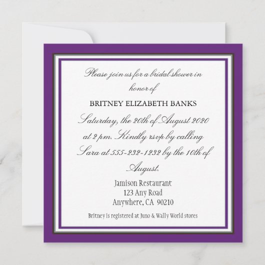 国の紫色のヒマワリのブライダルシャワー招待状 招待状 (裏面)