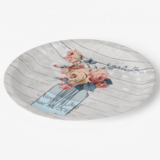 国の花の木製のメーソンジャーの結婚式 ペーパープレート (アングル)