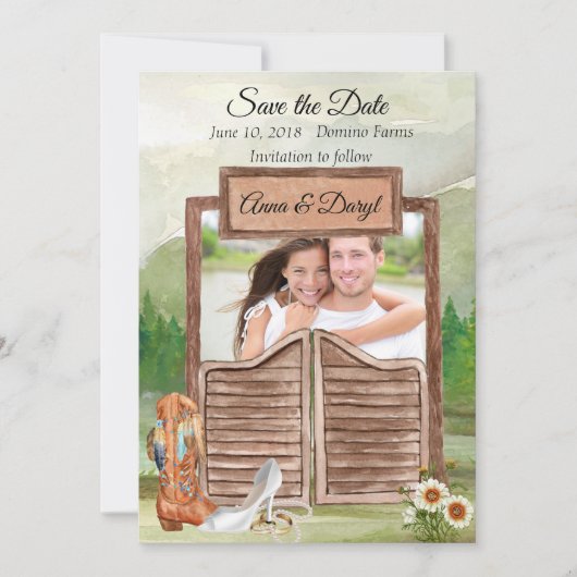 国の西部のカウボーイの写真の保存日付 セーブザデート (正面)