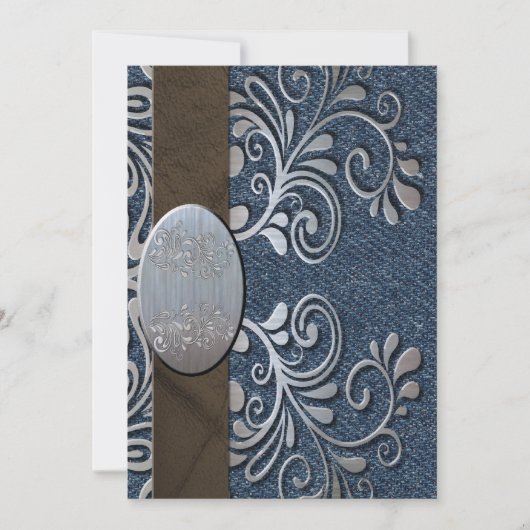国の西部のデニムの銀のバックルの結婚式 招待状 (正面)
