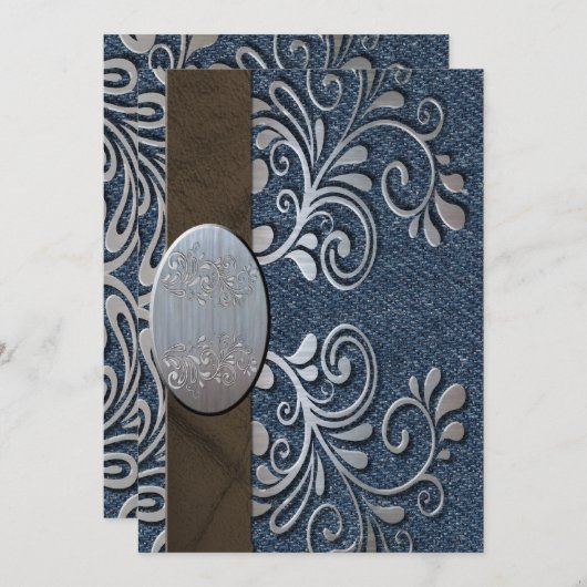 国の西部のデニムの銀のバックルの結婚式 招待状 (正面/裏面)