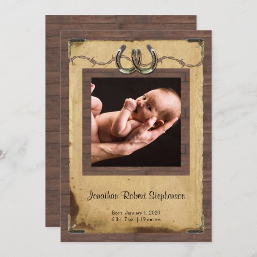 国の蹄鉄の写真のベビーの発表 案内状 (正面/裏面)