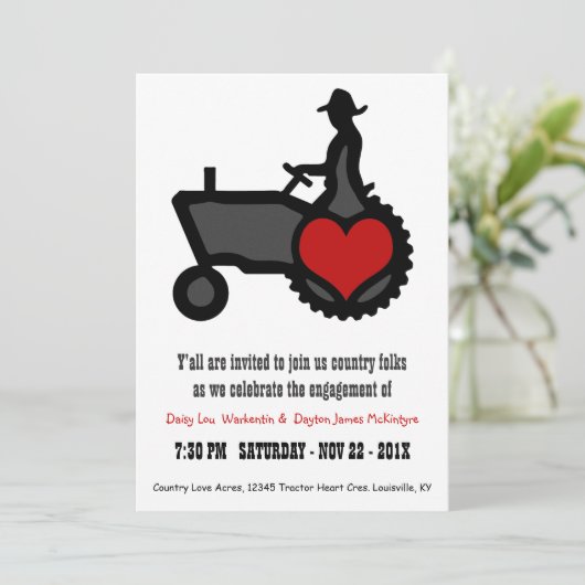 国の農家愛かわいいトラクターの婚約パーティ 招待状 (スタンド正面)