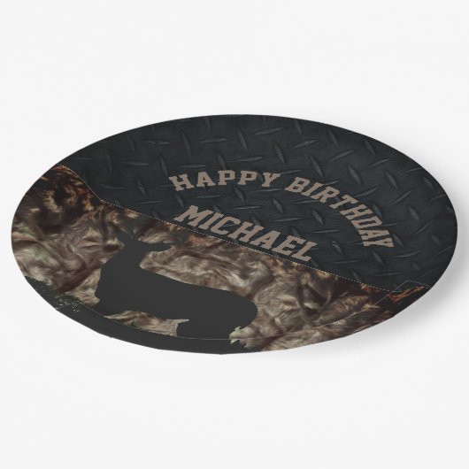 国の迷彩柄の狩りのカスタムな誕生日のプレート ペーパープレート (アングル)