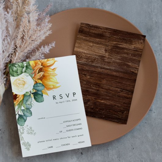 国ひまわりはっきりしたの木のメニュー選択RSVPカード 出欠カード