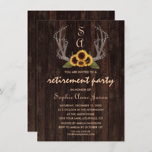 国ひまわり素朴〔雄ジカの〕枝角退職パーティー 招待状 (正面/裏面)