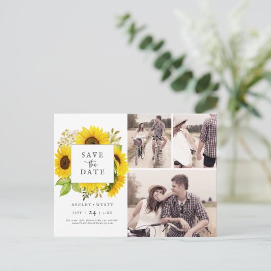 国ひまわり3フォトコラージュ日付を保存 インビテーションポストカード (スタンド正面)