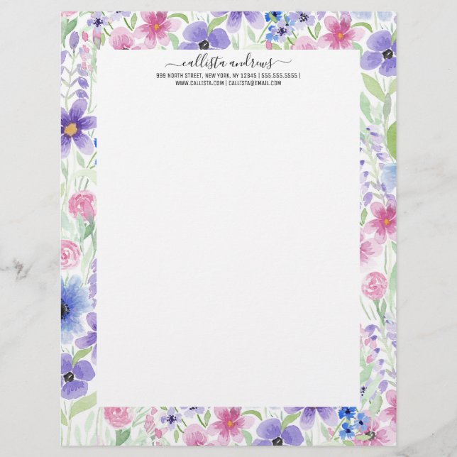 国エレガントピンク紫ブルー水彩花 レターヘッド (正面)
