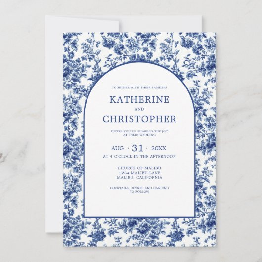 国エレガントフランスの青トワフローラ結婚ズ 招待状 (正面)