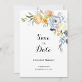 国オレンジ色の青い白いフローラ日付を保存 招待状 (正面)