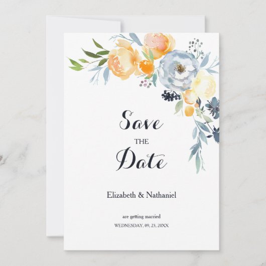 国オレンジ色の青い白いフローラ日付を保存 招待状 (正面)