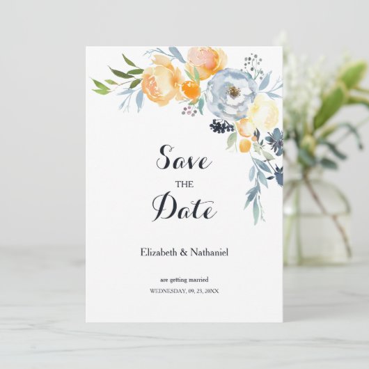 国オレンジ色の青い白いフローラ日付を保存 招待状 (スタンド正面)