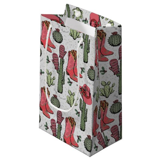 国ガーリー女性のカーボーイクリスマスピンクとグリーン スモールペーパーバッグ (正面アングル)