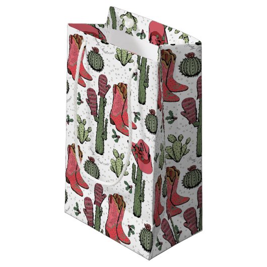 国ガーリー女性のカーボーイクリスマスピンクとグリーン スモールペーパーバッグ (正面アングル)