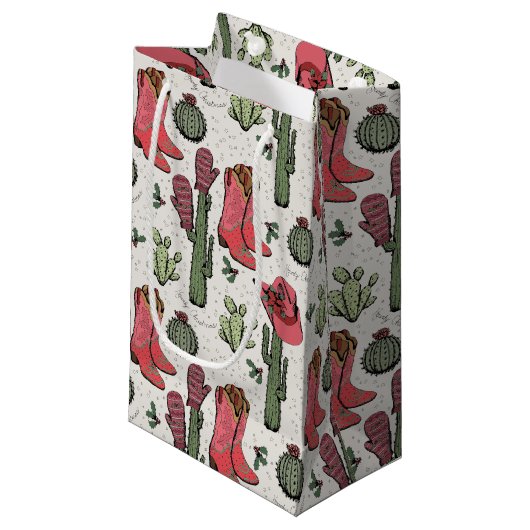 国ガーリー女性のカーボーイクリスマスピンクとグリーン スモールペーパーバッグ (正面アングル)