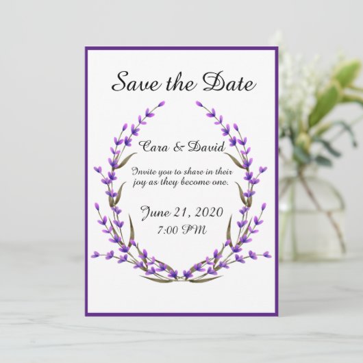 国シックエレガントパープルフローラ日付を保存 招待状 (スタンド正面)