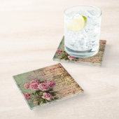 国シックフランスの，みすぼらしいシック，ピンクのバラ，フローラ ガラスコースター (アングル)