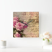 国シックフランスの，みすぼらしいシック，ピンクのバラ，フローラ スクエア壁時計 (ホーム)